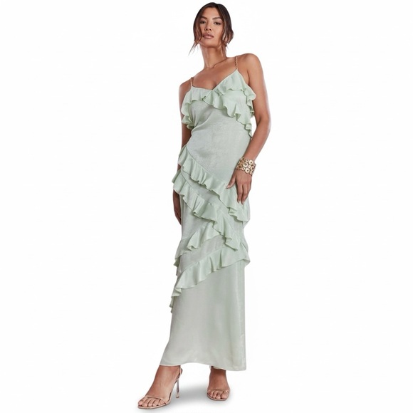 Missguided + Dresses & Skirts - Missguided Mint Green Ruffle Slip Maxi Dress Gold Chain Straps Medium NWT